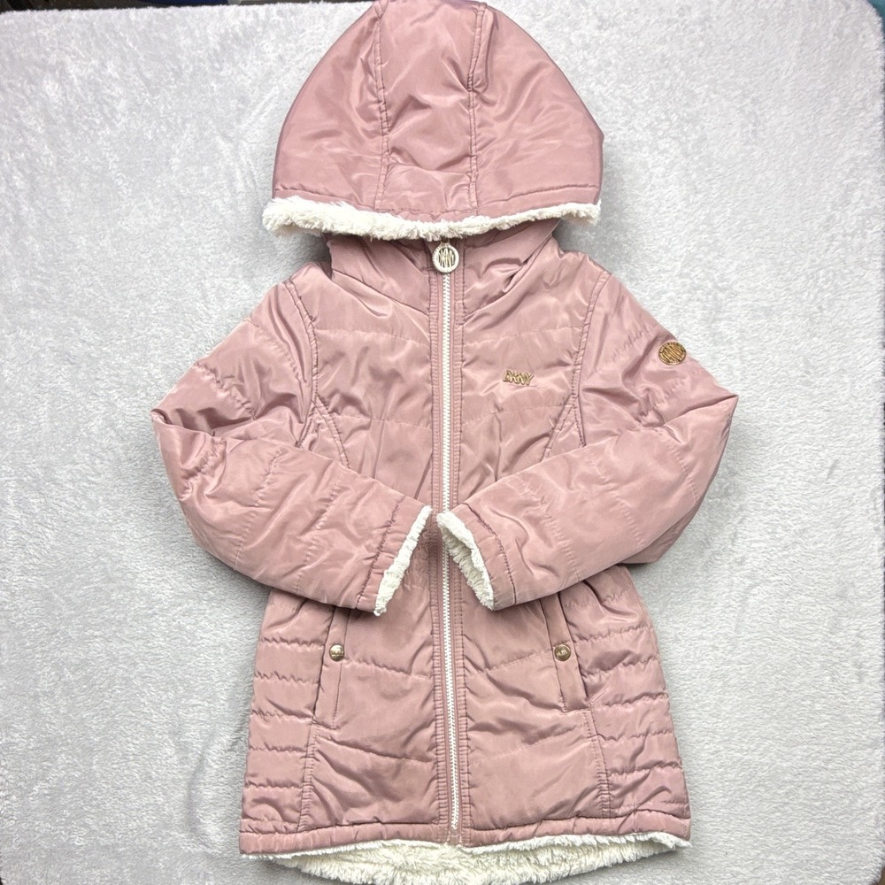 DKNY Girls Pink/White Hooded Reversible Faux Fur Puffer Jacket Full Zip 6X